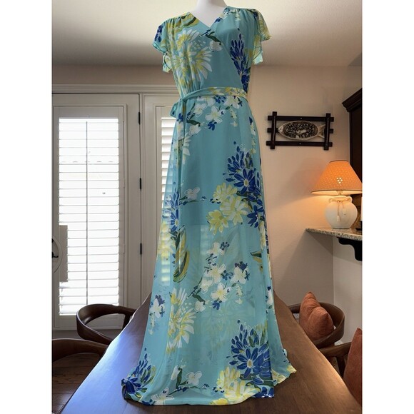 Eva Mendes Floral Maxi Wrap Dress M Blue Yellow Chiffon Summer Vacation - Picture 8 of 12